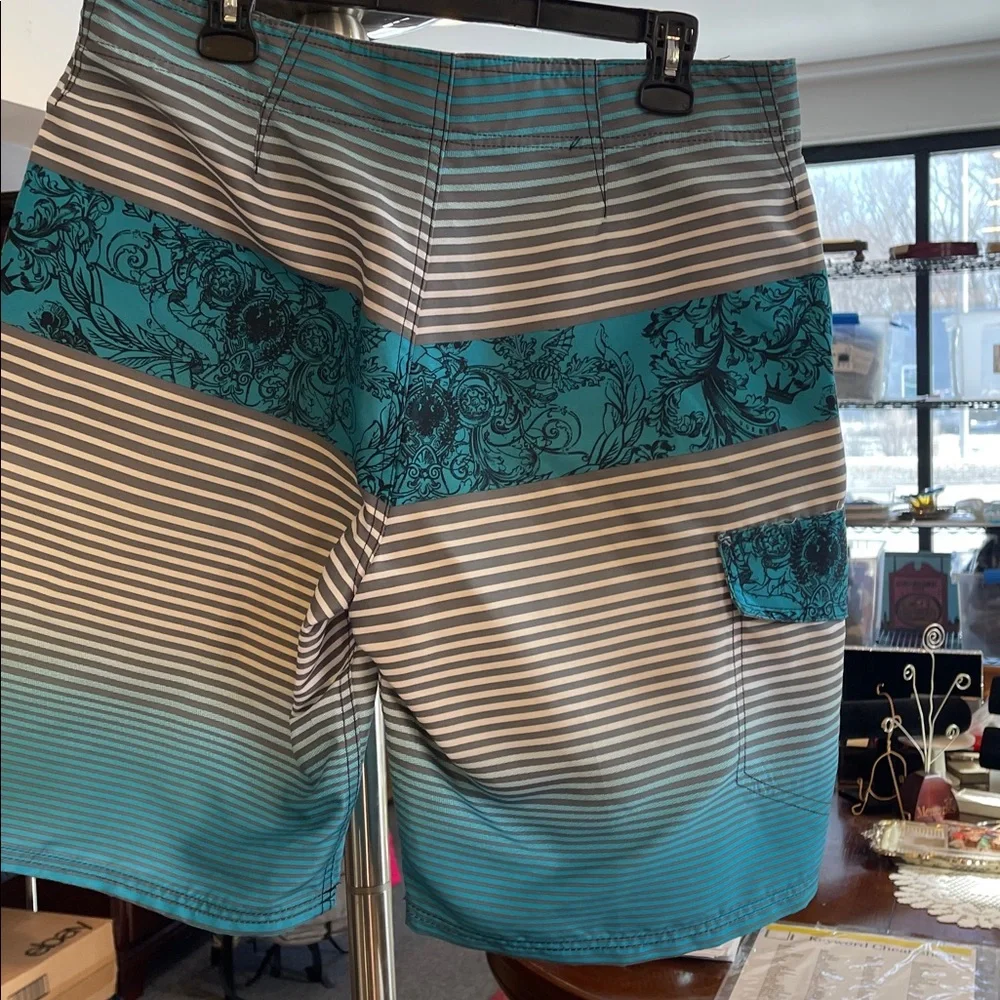 OP Men's Floral Striped Swim Shorts - Teal and Gray summer coastal beach